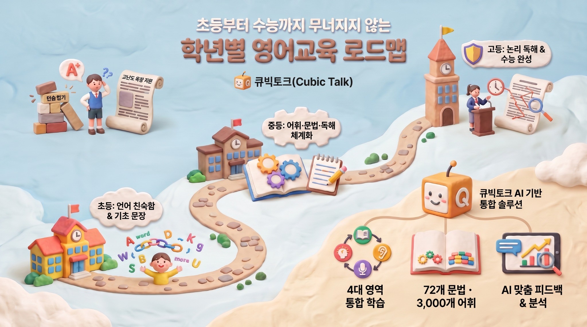 큐빅토크 학년별 영어교육 로드맵: 초등 언어 친숙함과 기초 문장, 중등 어휘·문법·독해 체계화, 고등 논리 독해와 수능 완성을 AI 기반 통합 학습으로 연결합니다.